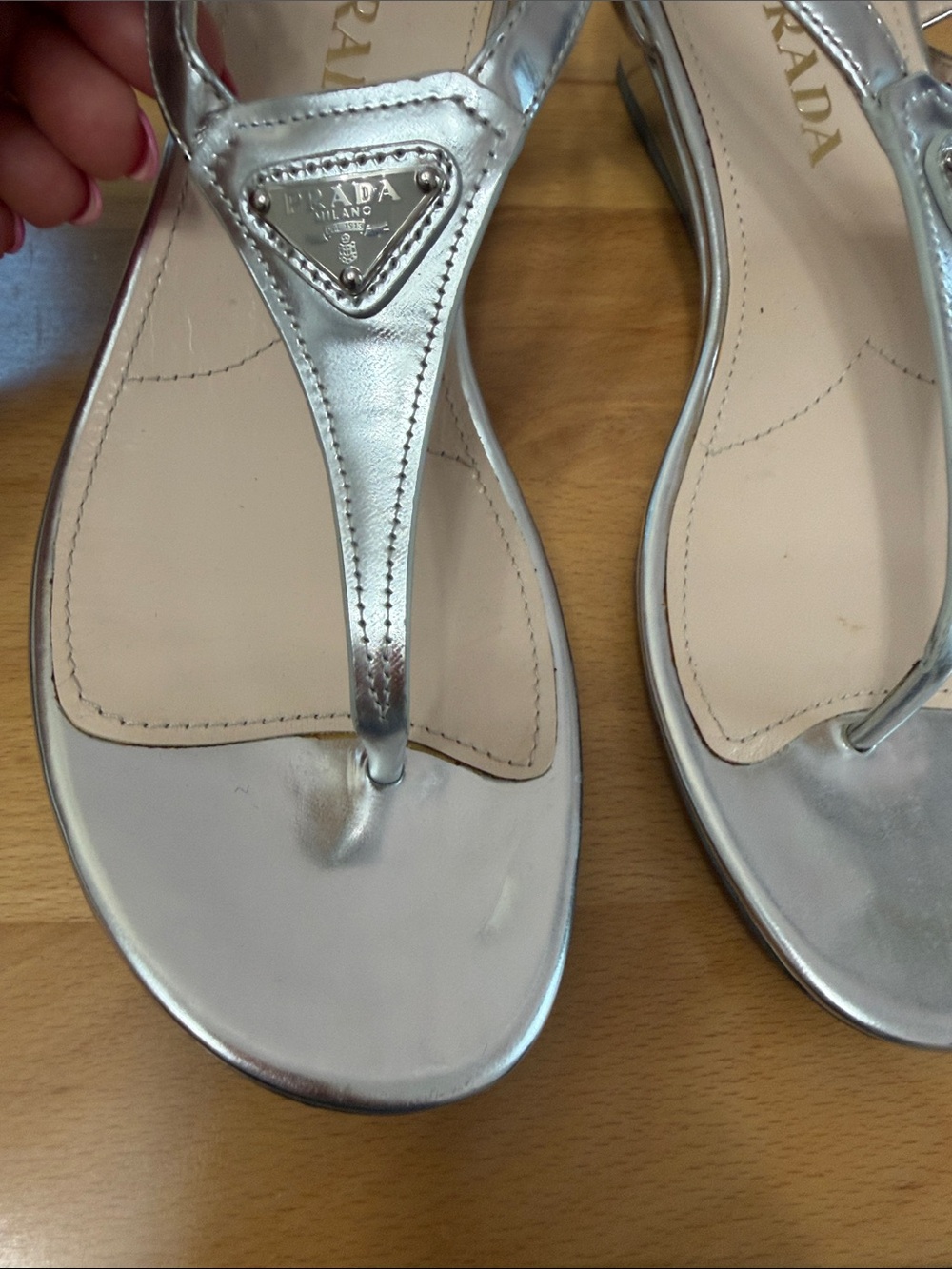 Prada Metallic Silver T-Strap Logo Sandals - Picture 3 of 15